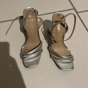 Sam Edelman Kia block heel sandal in soft silver leather.